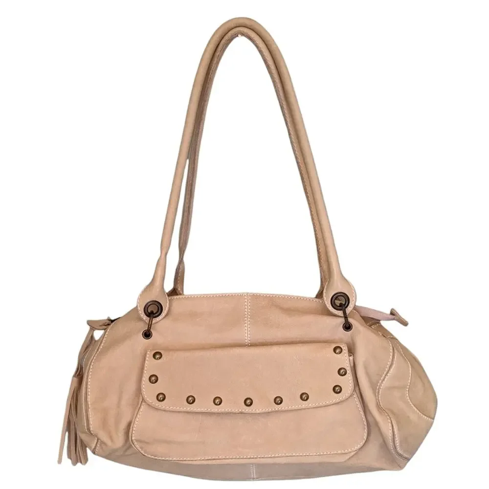Vera Pelle Vintage Y2K Leather Baguette Hobo Bag Rivets Domed Rivets Light Tan